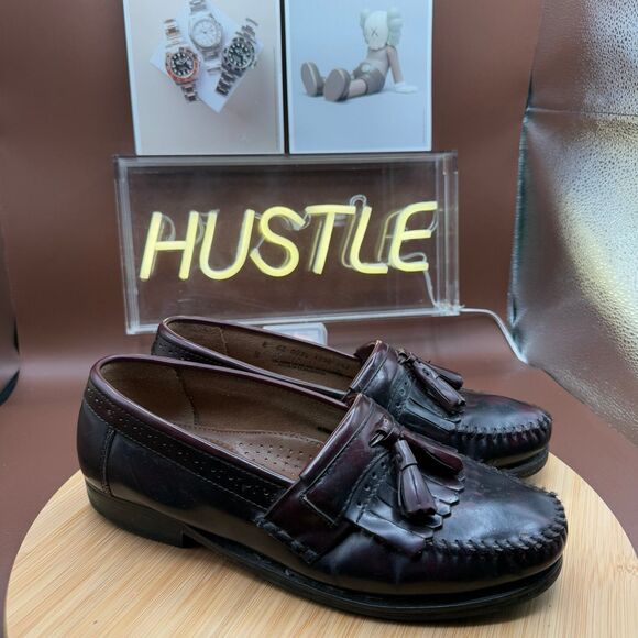 Bass Weejuns Jeremy Cherry brown Leather Kiltie Tassel Moc Toe Loafers Men's 8 - Picture 1 of 10